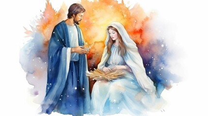 
watercolor illustration Christian nativity scene. Virgin Mary, Jesus Christ, Joseph, Star of Bethlehem.For Merry Christmas greeting cards