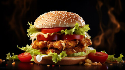 Mouthwatering shot of crispy chicken burger, Dramatic lighting emphasizing crispiness, AI Generated
