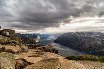 scenic view over Lysefjorden from preikestolen