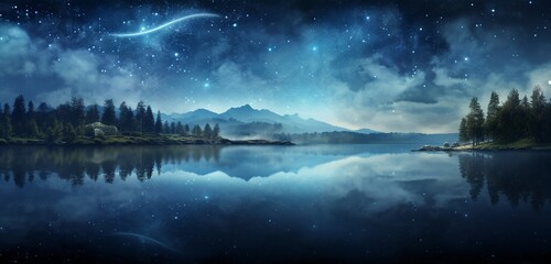 A tranquil lake in an indigo frame with a sparkling glitter background, - obrazy, fototapety, plakaty