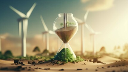 World inside sand clock with environmental ecology icon such as green factory recycle windmill and solar cell for sustainable development to protect earth and prevent global warming concept - obrazy, fototapety, plakaty