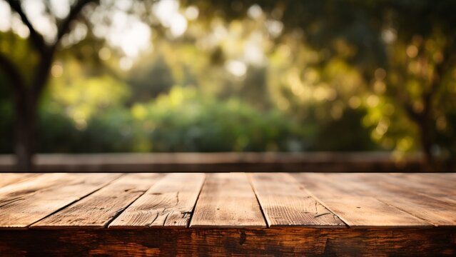 Rustic Elegance on Wooden Table - Product Commercial, Natural Background Blur, Empty Wooden Tabletop
