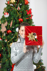 Portrait of happy young woman christmas present boxes in front of christmas tree