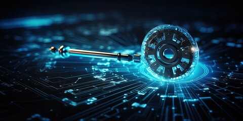 Blue security key logo with particle ring circle rotation with ai technology icon on futuristic abstract background network firewall technology and data secure vertical