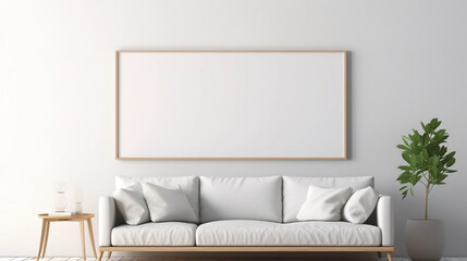 copy space, stockphoto, minimalist cozy healing living room blank frame mockup. Beautiful simple view on a couch and table. Black frame available for random text. Living room mock up.