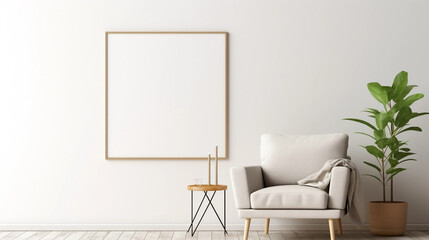 copy space, stockphoto, minimalist cozy healing living room blank frame mockup. Beautiful simple view on a couch and table. Black frame available for random text. Living room mock up. - obrazy, fototapety, plakaty