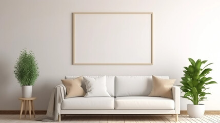 copy space, stockphoto, minimalist cozy healing living room blank frame mockup. Beautiful simple view on a couch and table. Black frame available for random text. Living room mock up.