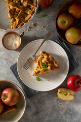 Slice of apple pie, homemade fresh fruit pie with red apples, dark background