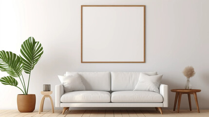 copy space, stockphoto, minimalist cozy healing living room blank frame mockup. Beautiful simple view on a couch and table. Black frame available for random text. Living room mock up.