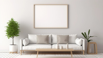 Fototapeta na wymiar copy space, stockphoto, minimalist cozy healing living room blank frame mockup. Beautiful simple view on a couch and table. Black frame available for random text. Living room mock up.
