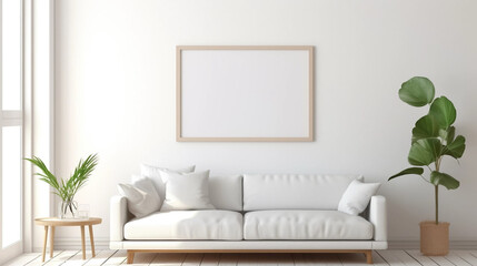Fototapeta na wymiar copy space, stockphoto, minimalist cozy healing living room blank frame mockup. Beautiful simple view on a couch and table. Black frame available for random text. Living room mock up.