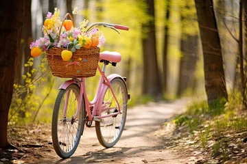 Gartenposter Fahrrad A vintage pink bicycle with a basket full of flowers and Easter eggs, standing on a sunlit forest path.