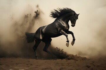 A beautiful black horse runs through the mud, kicking up dust. - obrazy, fototapety, plakaty