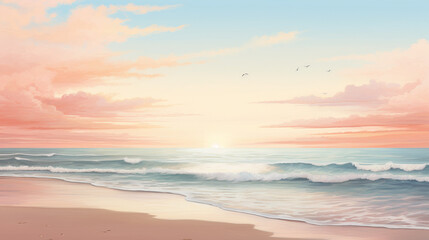 Serene beach scene at sunrise with calm waves and pastel skies, AI Generated