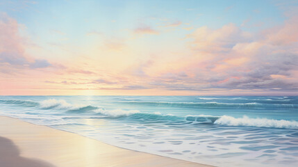 Fototapeta na wymiar Serene beach scene at sunrise with calm waves and pastel skies, AI Generated