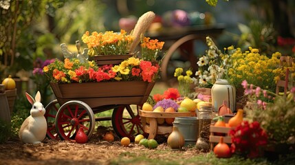 Colorful Easter setup with a wooden cart filled with flowers, eggs, and a white bunny figurine in a garden. - obrazy, fototapety, plakaty