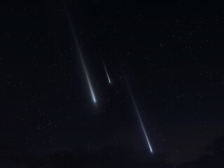 Meteors against a background of stars. A stream of meteorites in the atmosphere. Amazing falling stars.