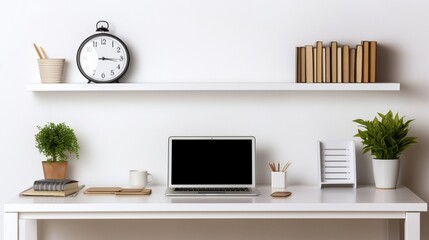 A minimalist white office desk with neatly arranged stationery, providing an organized and efficient workspace