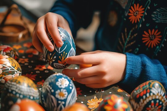 Person decorating and painting easter eggs, easter holidays concept. Generative AI