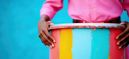 Man with percussion and carnival clothes, holiday and parties concept, pink and blue colors. Generative AI