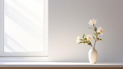 A simple white window sill with a single blooming flower in a vase, offering a touch of nature to the copy space