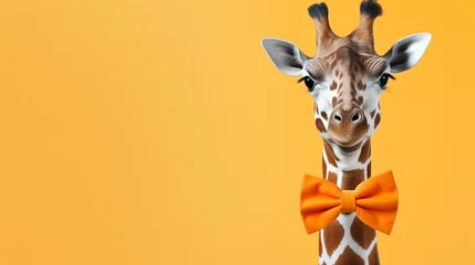 Fotobehang A whimsical, polka-dotted giraffe with a bowtie, standing tall on a white canvas, creating a fun and amusing copy space © sdk