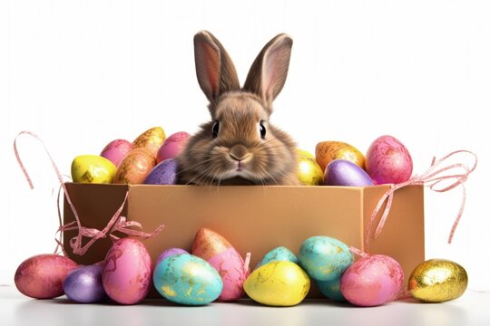 Gift box with rabbit and chocolate eggs, easter holiday concept, background. Generative AI