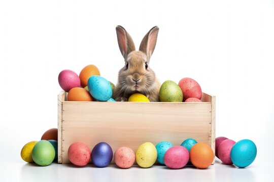 Wooden box with rabbit and chocolate eggs, easter holiday concept, white background. Generative AI