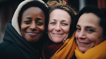 People of various nationalities join in collective hug showing unity and smiling. Diverse assembly consisting of people of all ages races and backgrounds comes for group pose hugging. - obrazy, fototapety, plakaty