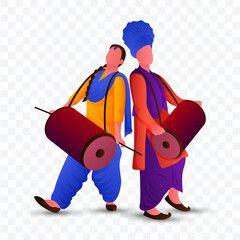 Vector illustration Punjabi couple dancing bhangra with dhol in PNG Background. Happy Lohri.