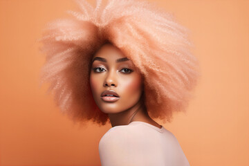 close up portrait of a black woman with peach fuzz color afro on a pastel peach background studio shot