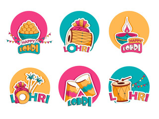 Creative Flat vector illustration of lohri festival celebration sticker design. Happy Lohri.