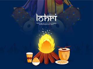 Happy Lohri Punjabi Indian festival celebration bonfire night with season food. Vector Illustration.