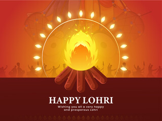 Happy Lohri vector illustration bonfire design on traditional background. Banner, poster and web header design.