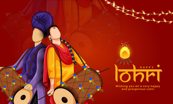 Punjabi Indian couple dancing bhangra with dhol in traditional background. Happy Lohri.