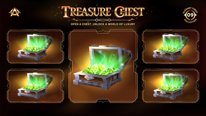 Open Treasure Chests Collection With Green Crystals-Unveiling a Realm from Basic to Upgraded Levels for RPG, Fantasy, and Medieval Games-Vector illustration Design