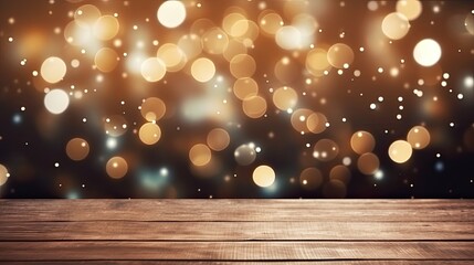 Sparkling Bokeh Lights Above Wooden Tabletop, Festive Event Table Backdrop