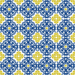 Portugal style seamless geometry style yellow and blue ornament. Azulejos vector, modern interior design tiles. Ornamental textile background.