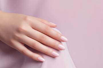 Glamour woman hand with light pink nail polish on her fingernails. Pink nail manicure with gel polish at luxury beauty salon. Nail art and design. Female hand model. French manicure. - obrazy, fototapety, plakaty
