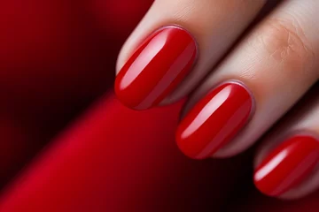 Badezimmer Foto Rückwand Glamour woman hand with classic red nail polish on her fingernails. Red nail manicure with gel polish at luxury beauty salon. Nail art and design. Female hand model. French manicure. © Artinun