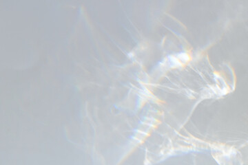 Blurred Prism Light Overlay Flare Background. Dreamy surreal rainbow crystal light refraction texture overlay. Organic drop holographic flare on a white wall. Water shadows for natural light effects
