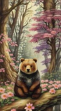 春の森のくまの水彩画｜Spring forest bear watercolor painting Generative AI