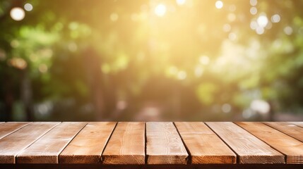 Rustic Wood Table With Warm Sunlit Park Background 