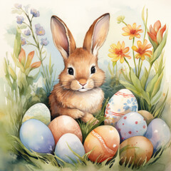 Cute watercolor Easter bunny. Illustration for greeting cards.