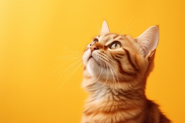 Ginger cat looking upwards on solid yellow background. Pet portrait.