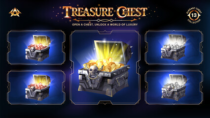 Futuristic Open Treasure Chests Collection With Gold Coins -Unveiling a Realm from Basic to Upgraded Levels for RPG, Fantasy, and Medieval Games-Vector illustration Design