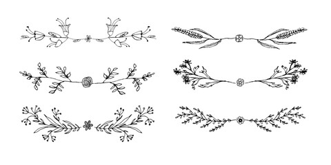 Obraz premium Set of ornate floral border dividers for decorating postcards, invites, banners. Vector illustration of blades of grass and leaves in the doodle style.