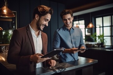 Company men two people brainstorm meeting colleagues partners use a tablet and the Internet, business people in the office communicate in a meeting room, work team.