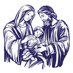 Obraz premium Merry Christmas. Christmas story. Mary, Joseph and the baby Jesus, Son of God , symbol of Christianity hand drawn vector illustration