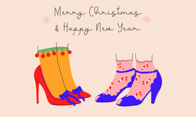 Merry Christmas and Happy New Year card with costume shoes and bright socks in a trendy style.isolated.Vector